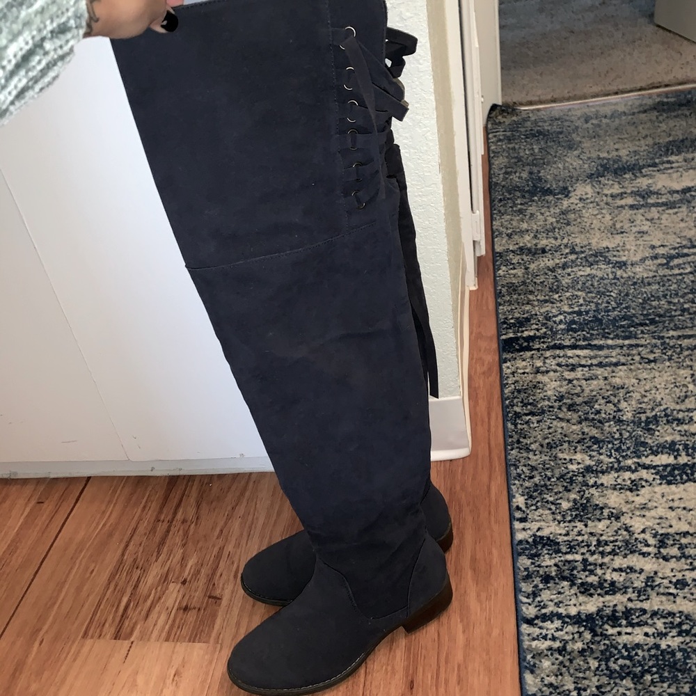 Thigh high crushed suede boots